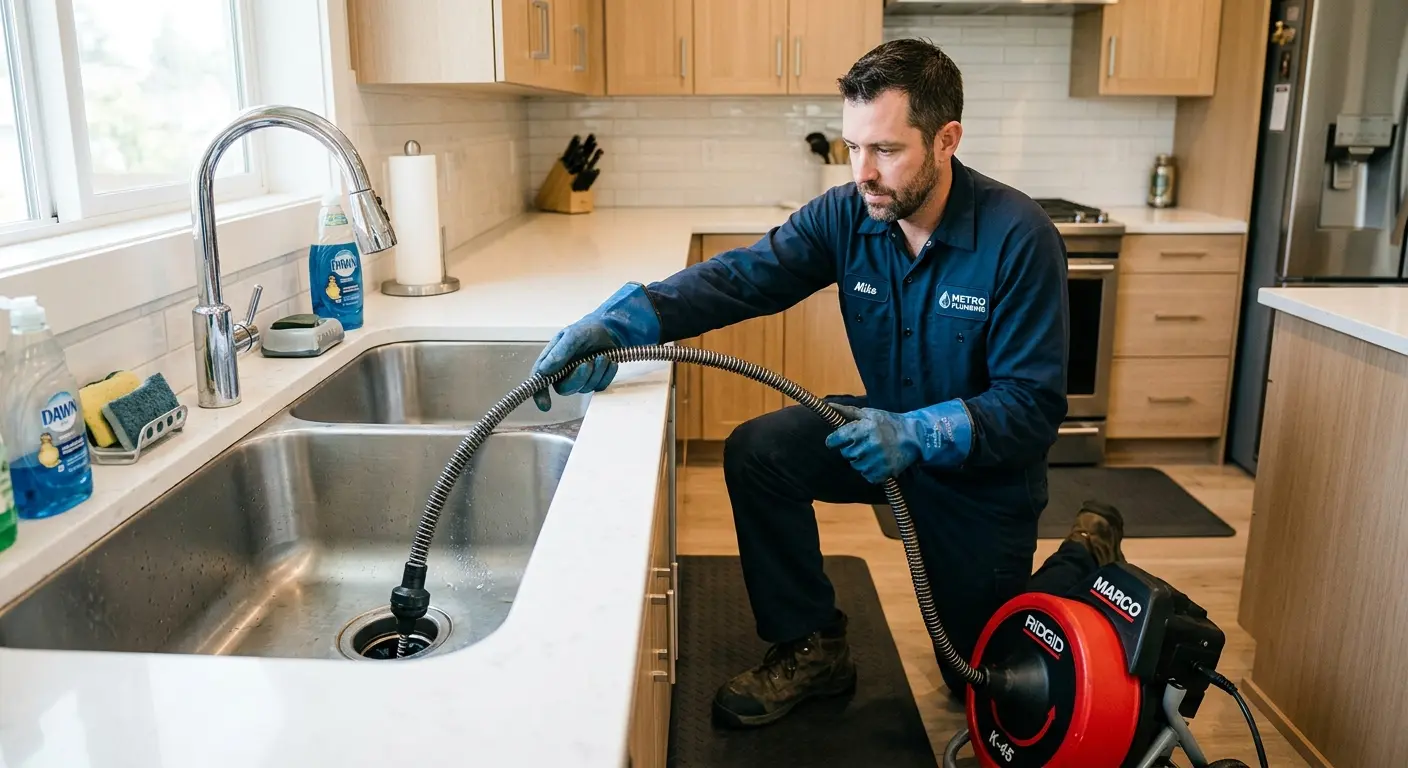 Drain cleaning technician using a motorized snake on a kitchen sink in Clive