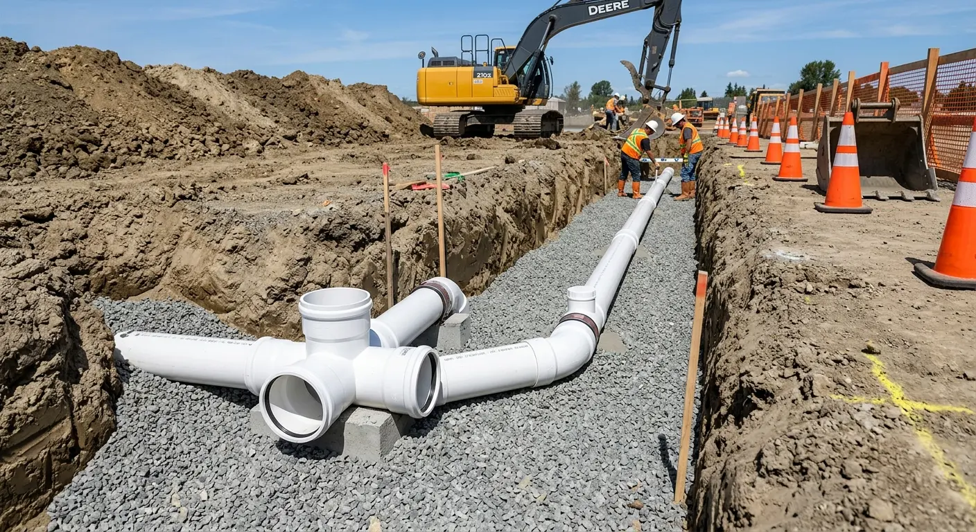 New PVC sewer pipe installation in open trench for Sewer Backup in Clive