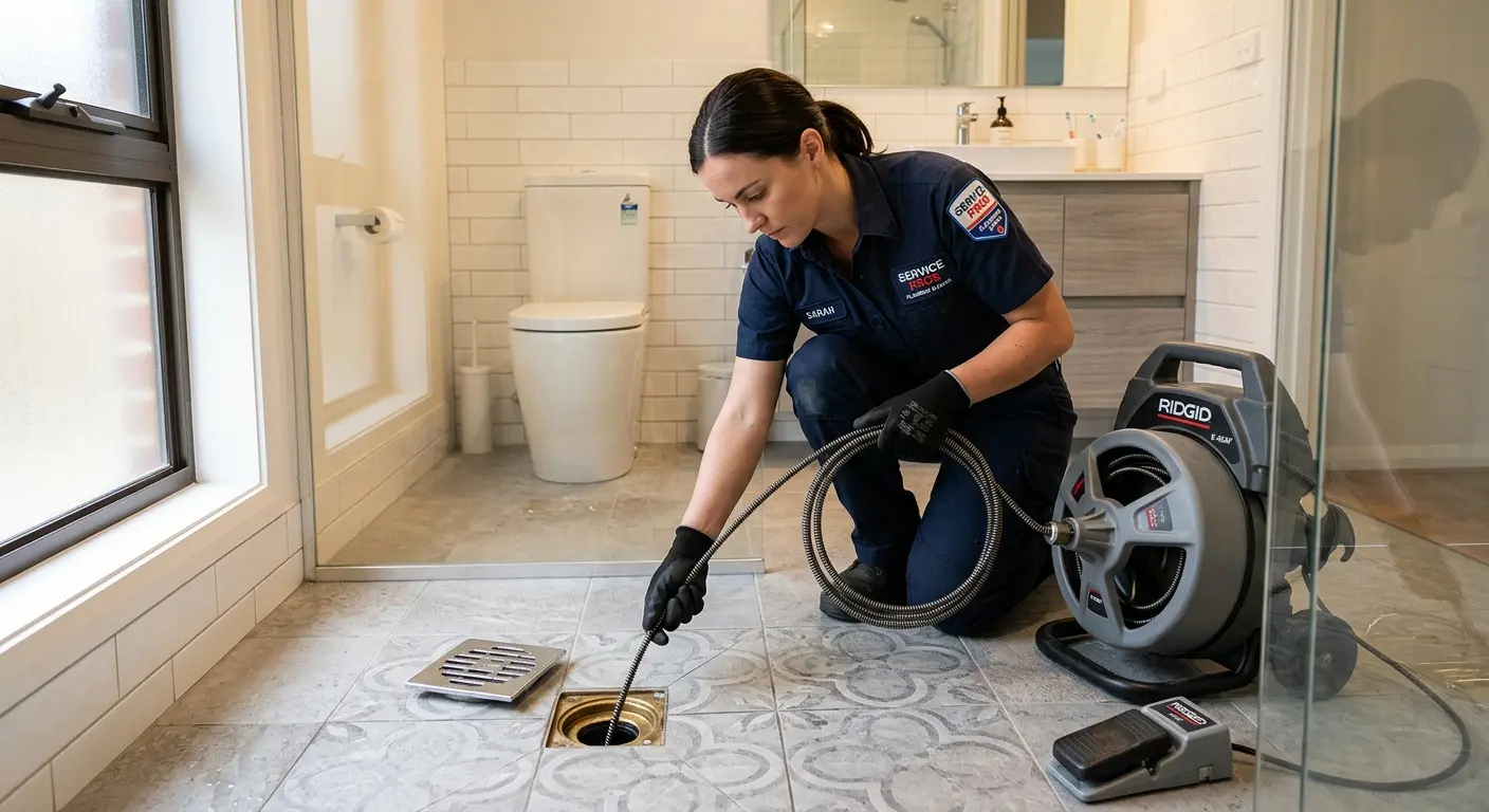 Technician clearing a bathroom floor drain for Clogged Drain Repair in Clive